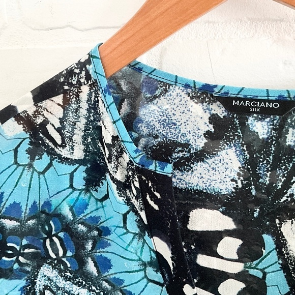 Marciano Blouse Silk Fairy Butterfly print Abstract Sheer Blue Black XS - Picture 4 of 13